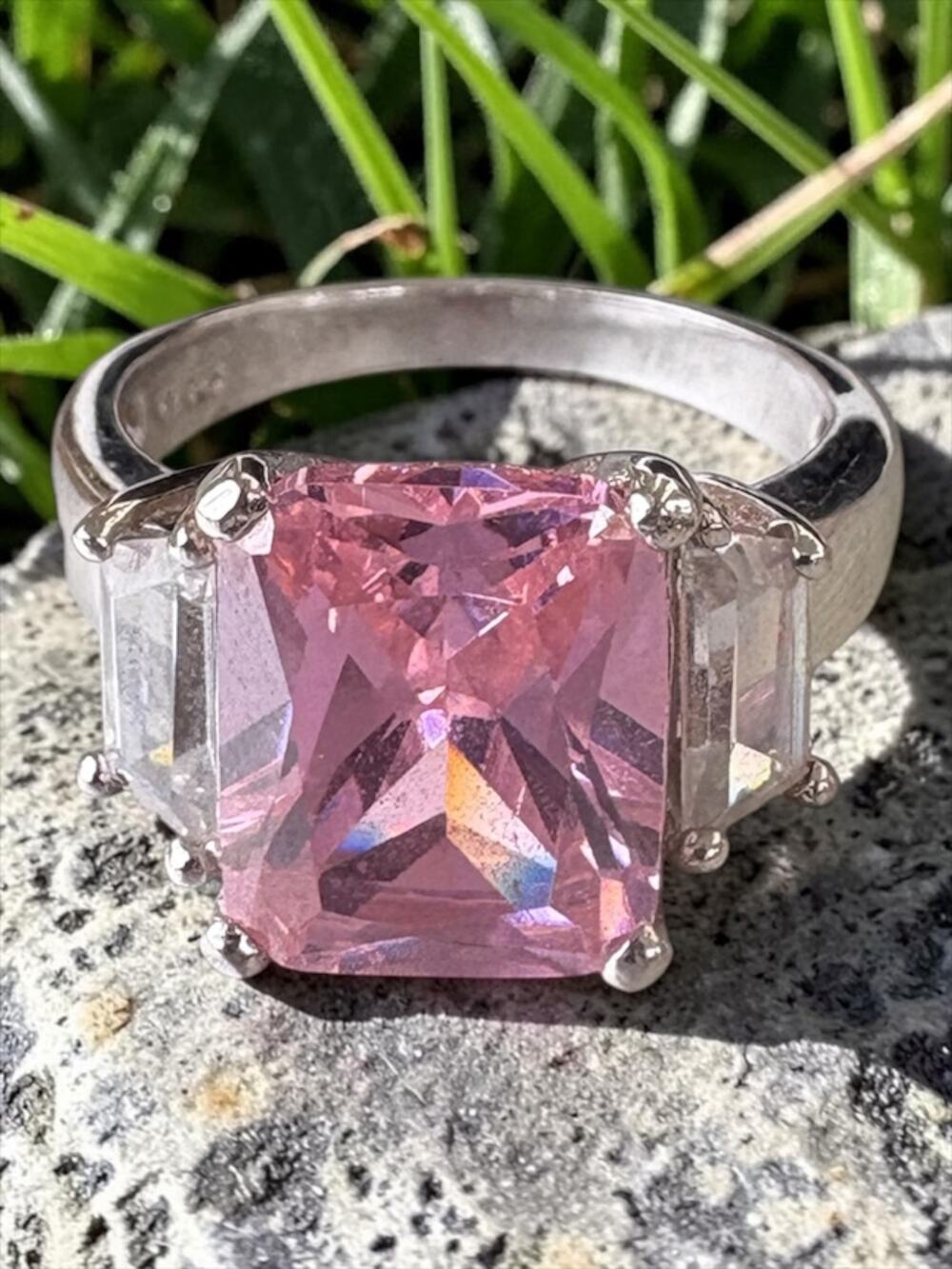 Vintage Pink Stone Ring Silver Tone Three Stone Design Elegant Statement Piece